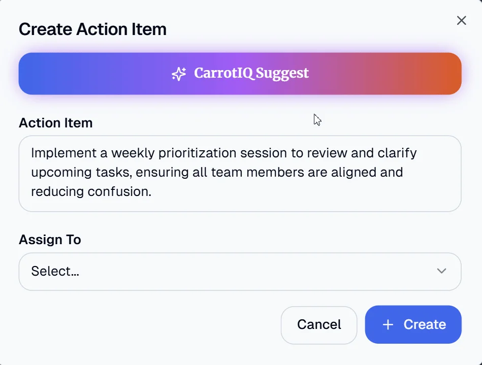 CarrotIQ Suggest drafting an action item in Retro Rabbit's Create Action Item dialog