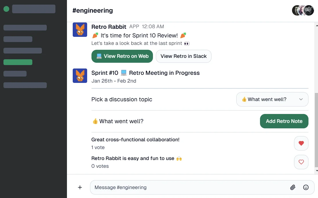 A retro running in a Slack channel, with notes, votes and an Add Retro Note button