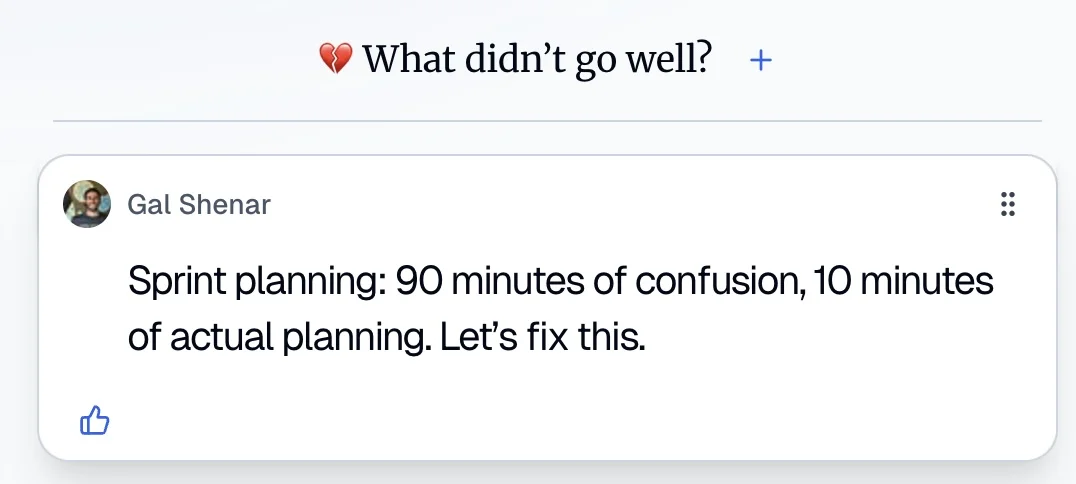 A Retro Rabbit note card in the "What didn't go well?" column about a confusing sprint planning meeting