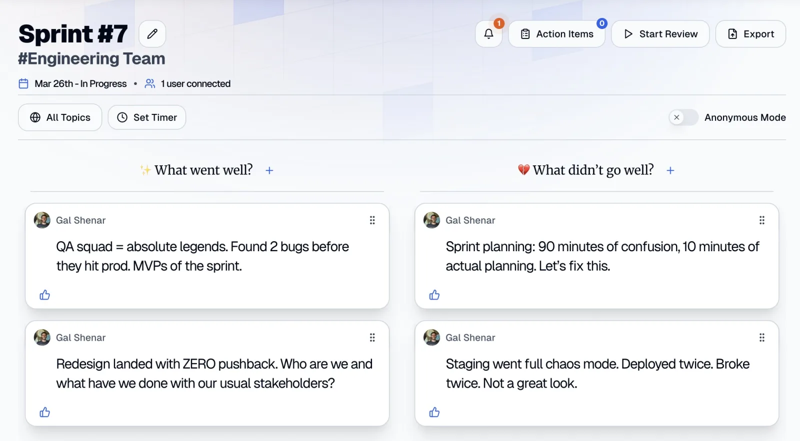 A Retro Rabbit board for Sprint #7 with notes and votes in the What went well? and What didn't go well? columns, plus Set Timer and Action Items buttons