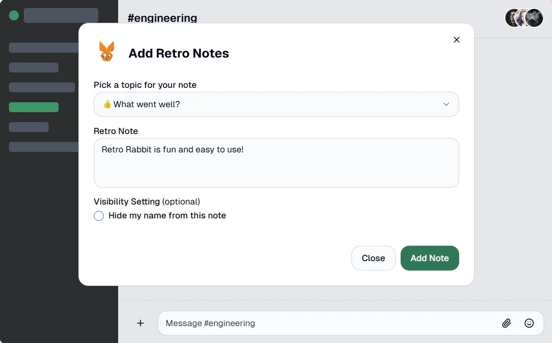 Retro Rabbit's Add Retro Notes dialog in Slack, with a topic picker, a note field and a Hide my name from this note option